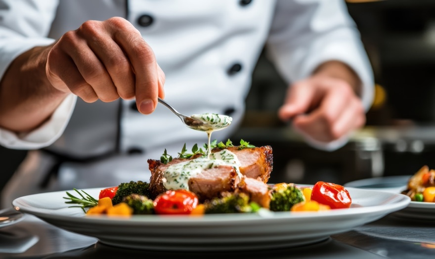 Chef plating a dish in a professional kitchen