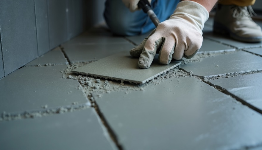 Tiler setting floor tiles during a home renovation